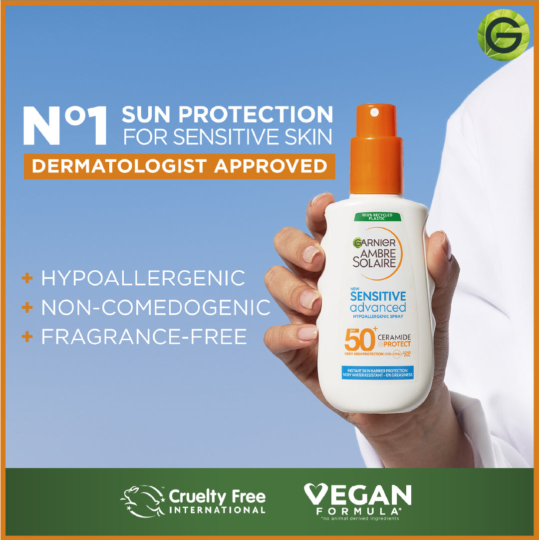 Garnier Ambre Solaire Sensitive Advanced SPF 50+ Ceramide Protect Sunscreen Spray For Adults (150mL)