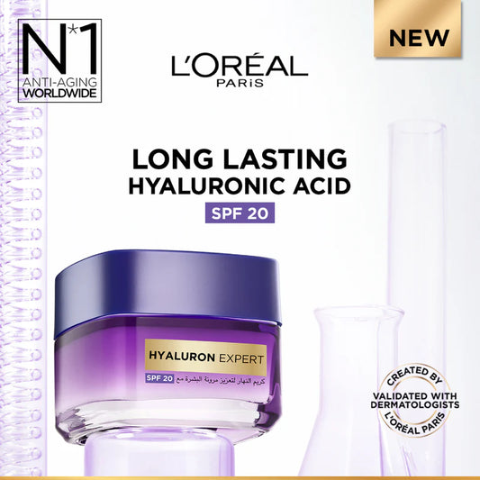 L’Oréal Paris, Hyaluron Expert, Replumping and Moisturizing Day Cream, against Fine Lines, for Intense Hydration, with Hyaluronic Acid and SPF 20, 50 ml