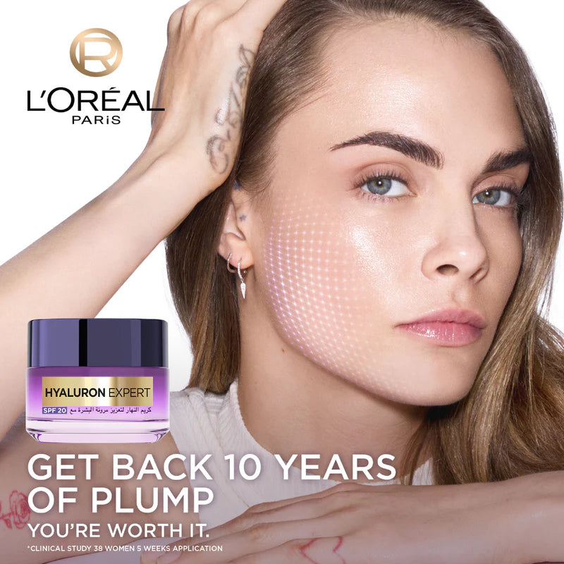 L’Oréal Paris, Hyaluron Expert, Replumping and Moisturizing Day Cream, against Fine Lines, for Intense Hydration, with Hyaluronic Acid and SPF 20, 50 ml