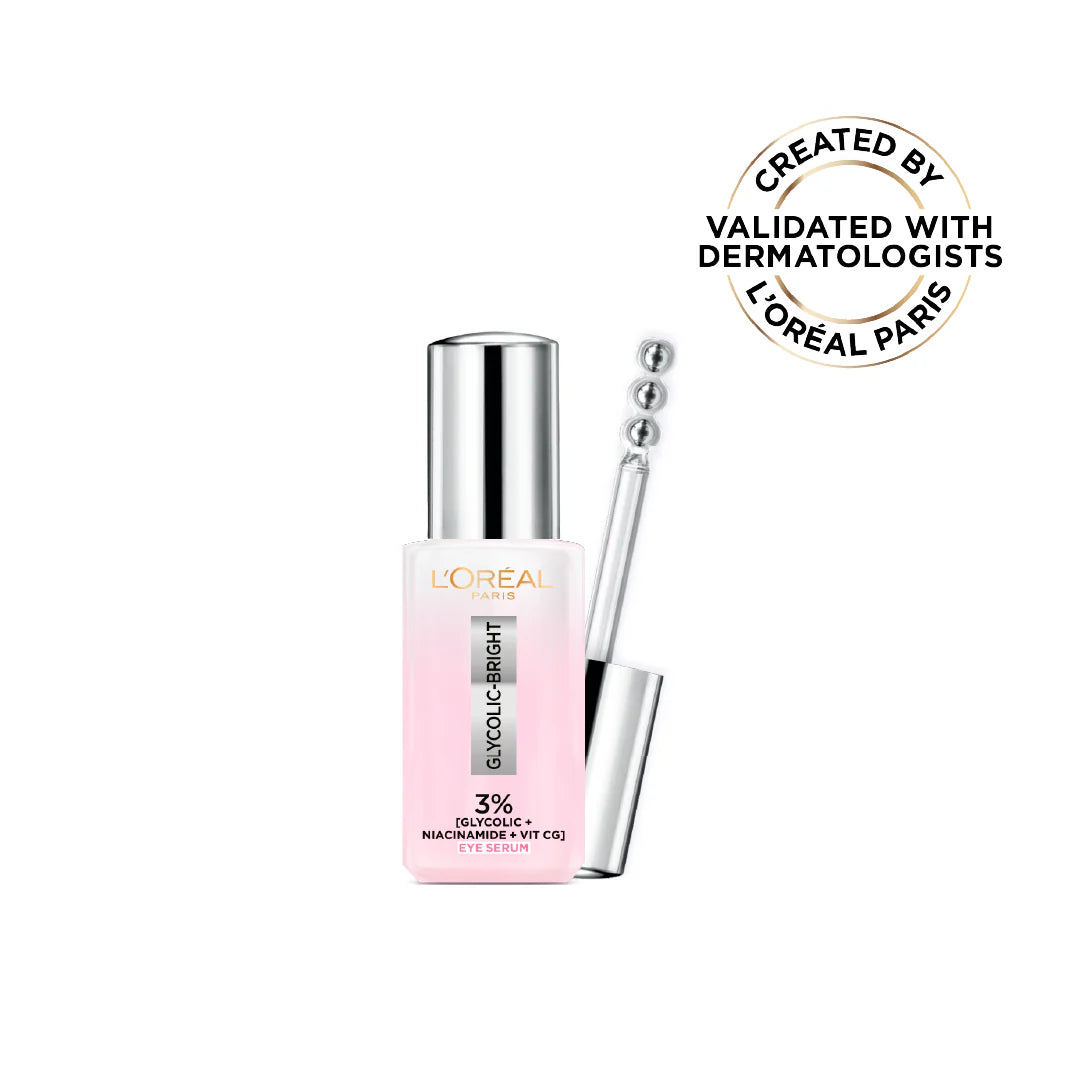 L'Oréal Paris, Glycolic Bright Eye Serum, with 3% (Glycolic Acid + Vitamin CG + Niacinamide], for Dark Circles and Under Eyes Brightening, 20ml