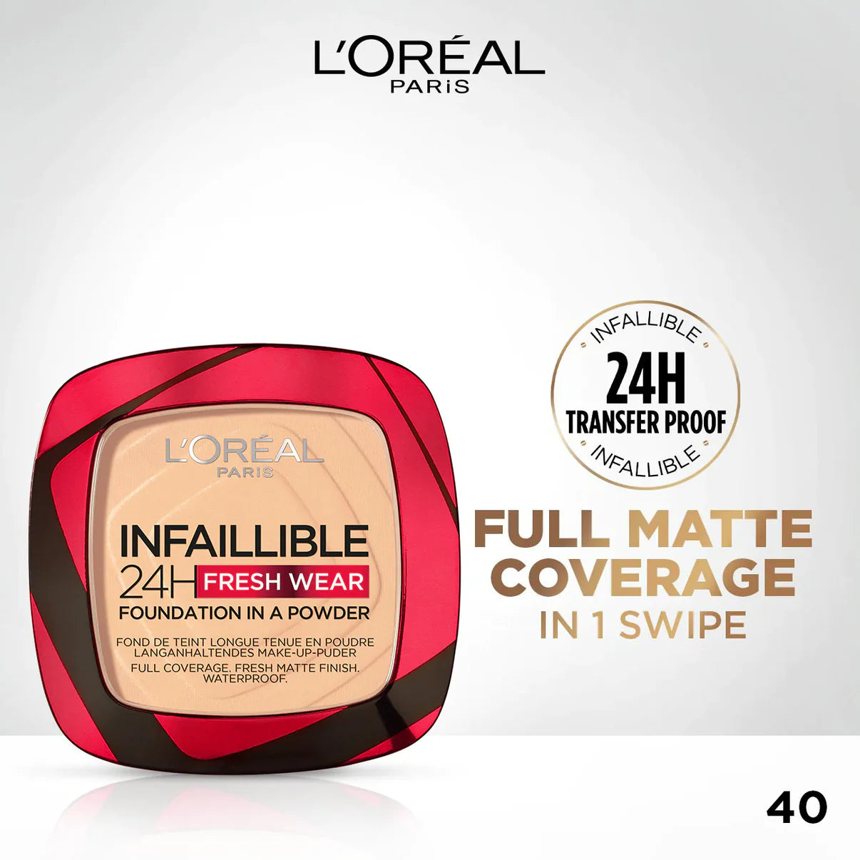 L’Oréal Paris Infaillible Up to 24H Fresh Wear Foundation in a Powder- Waterproof, Heatproof, Sweatproof