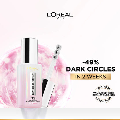 L'Oréal Paris, Glycolic Bright Eye Serum, with 3% (Glycolic Acid + Vitamin CG + Niacinamide], for Dark Circles and Under Eyes Brightening, 20ml