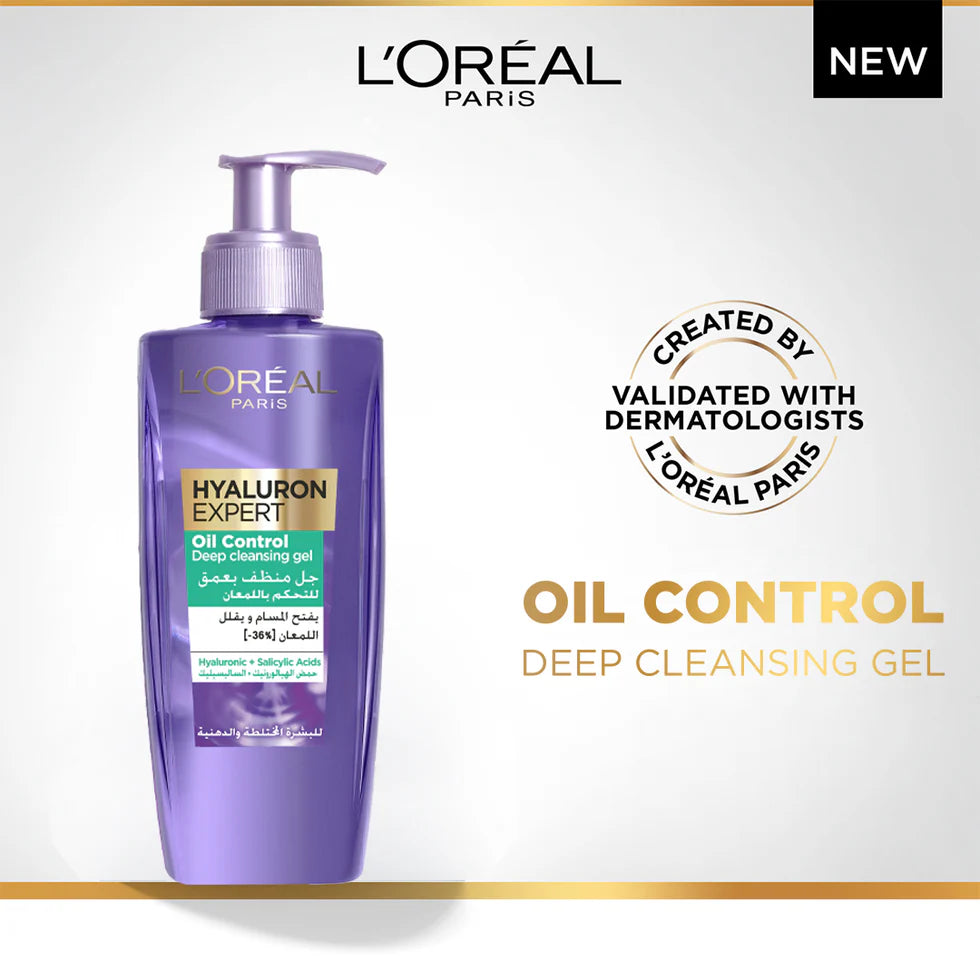 L’Oréal Paris, Hyaluron Expert Oil Control Deep Cleansing and Hydrating Gel, With Hyaluronic Acid and Salicylic Acid, for Combination to Oily Skin - 200ml