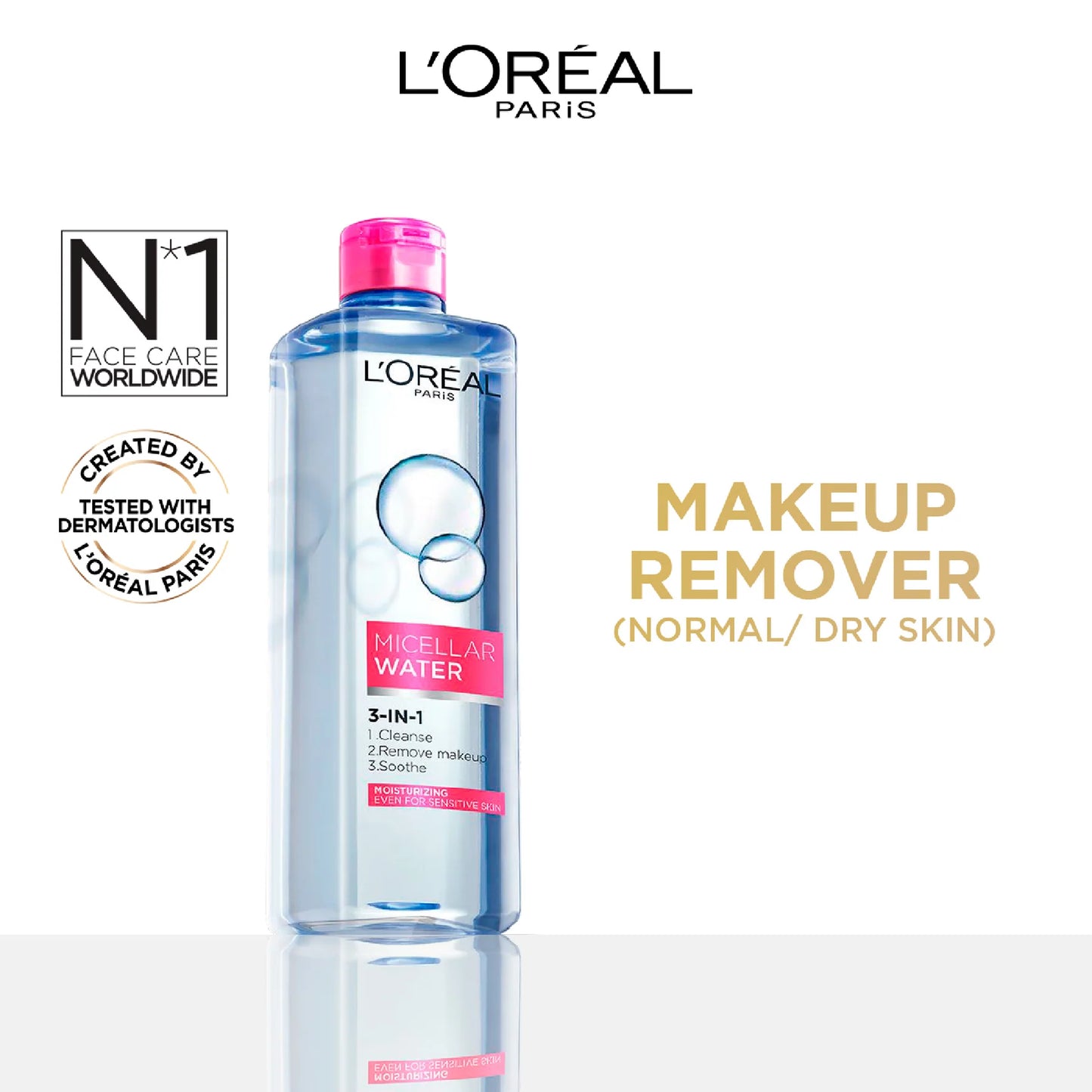 L'Oréal Paris, 3-in-1 Refreshing and Moisturizing Micellar Water, Cleanse, Remove Makeup and Soothe, for Sensitive and Normal to Dry Skin, 400ml