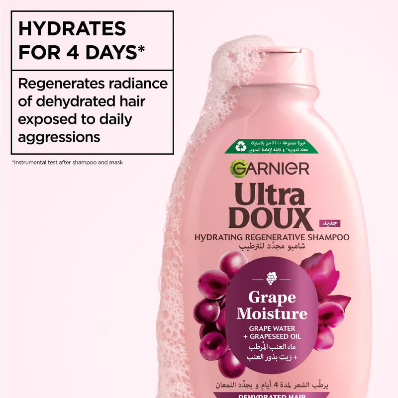 Garnier Ultra Doux Grape Moisture - Hydrating Regenerative Shampoo for Dehydrated Hair. Hydrating Grape Water + Antioxidant Grapeseed Oil - Paraben-Free, Vegan, Cruelty-Free - 400ml