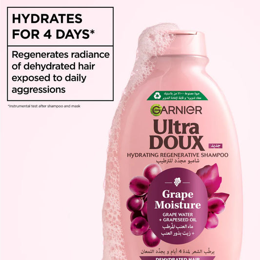 Garnier Ultra Doux Grape Moisture - Hydrating Regenerative Shampoo for Dehydrated Hair. Hydrating Grape Water + Antioxidant Grapeseed Oil - Paraben-Free, Vegan, Cruelty-Free - 400ml