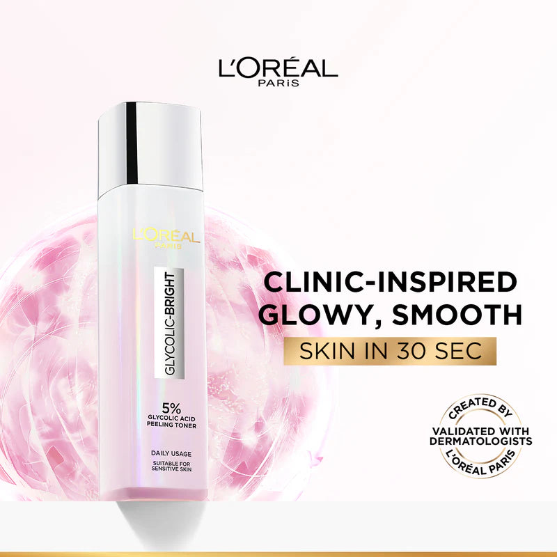 L’Oréal Paris, Glycolic-Bright Glowing Peeling Toner, with 5% Glycolic Acid, for Brightening, Dark Spots Reduction and Skin Tone Evening, 128ml