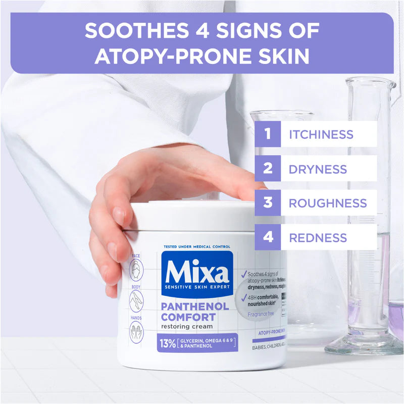 Mixa Panthenol Comfort Cream Jar - Anti-Scratching Cream - For Dry Skin, Atopy Prone Skin and Eczema - With 13% Glycerin, Omega 6 & 9, and Panthenol - For Face, Hands & Body - 400 ml