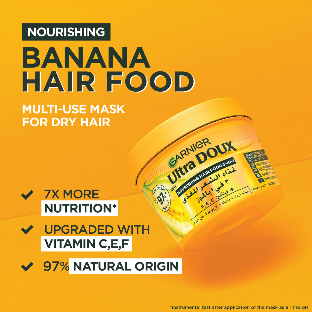 Garnier Ultra Doux Banana Vegan Hair Food 3in1 Mask for dry hair, Boosted with Vitamins C, E & F - Belle à Merveille
