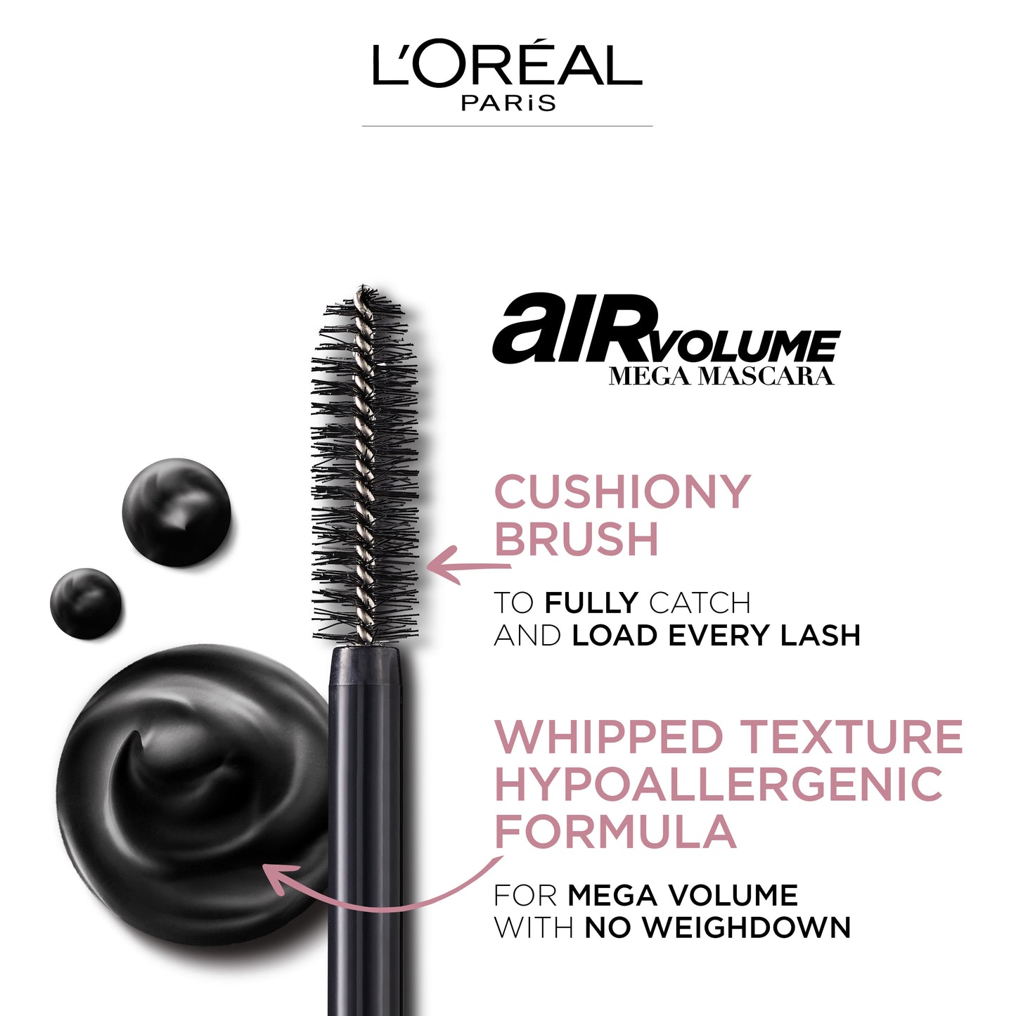 L’Oréal Paris Air Volume Mega Mascara Washable, Air Whipped Formula Lasting Up To 24H- Lightweight