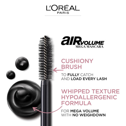 L’Oréal Paris Air Volume Mega Mascara Washable, Air Whipped Formula Lasting Up To 24H- Lightweight