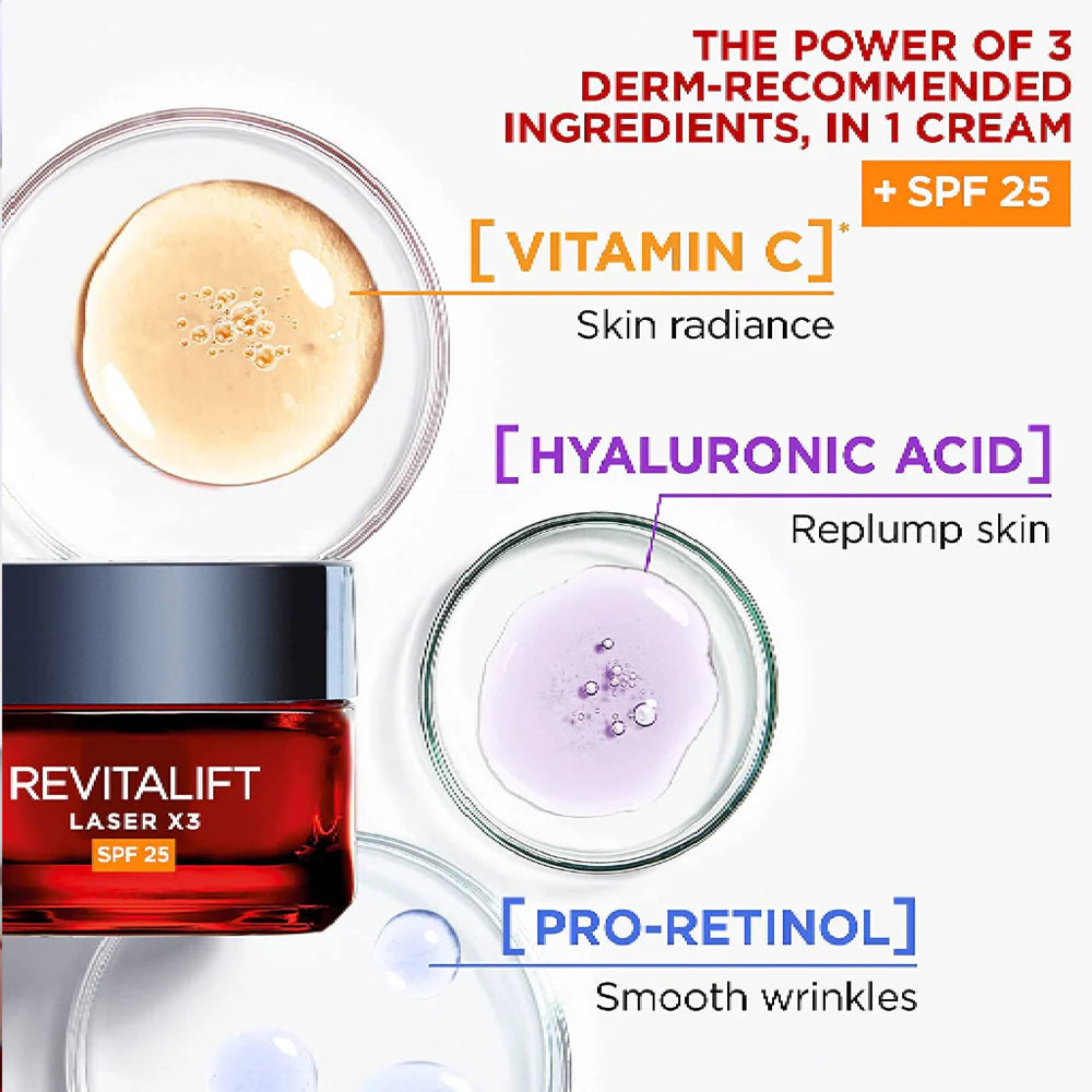 L’Oréal Paris, Revitalift Laser X3 Triple Action Anti-Aging Day Cream, to smooth Wrinkles, firm skin, and Brighten Complexion, SPF 25, 50ml