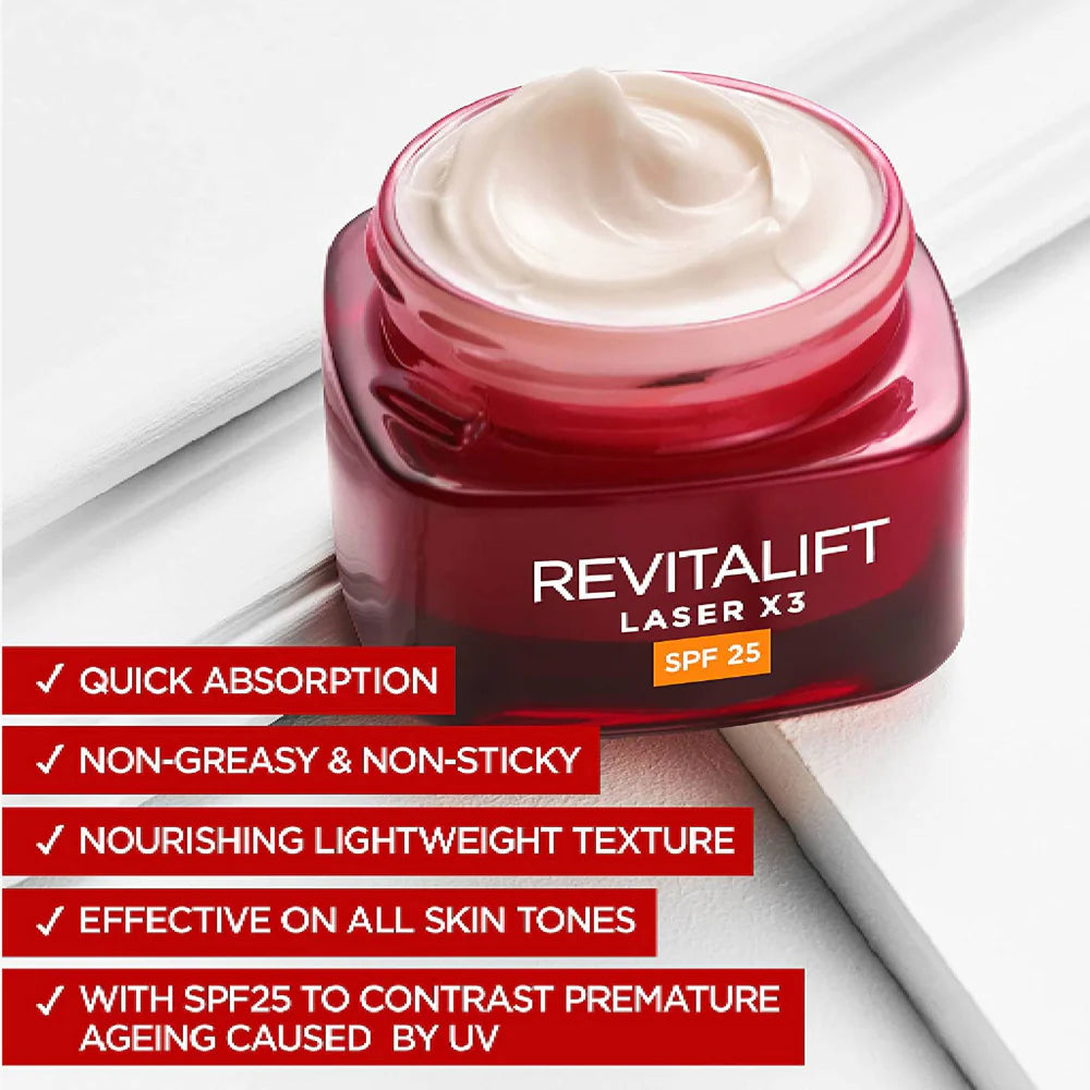 L’Oréal Paris, Revitalift Laser X3 Triple Action Anti-Aging Day Cream, to smooth Wrinkles, firm skin, and Brighten Complexion, SPF 25, 50ml
