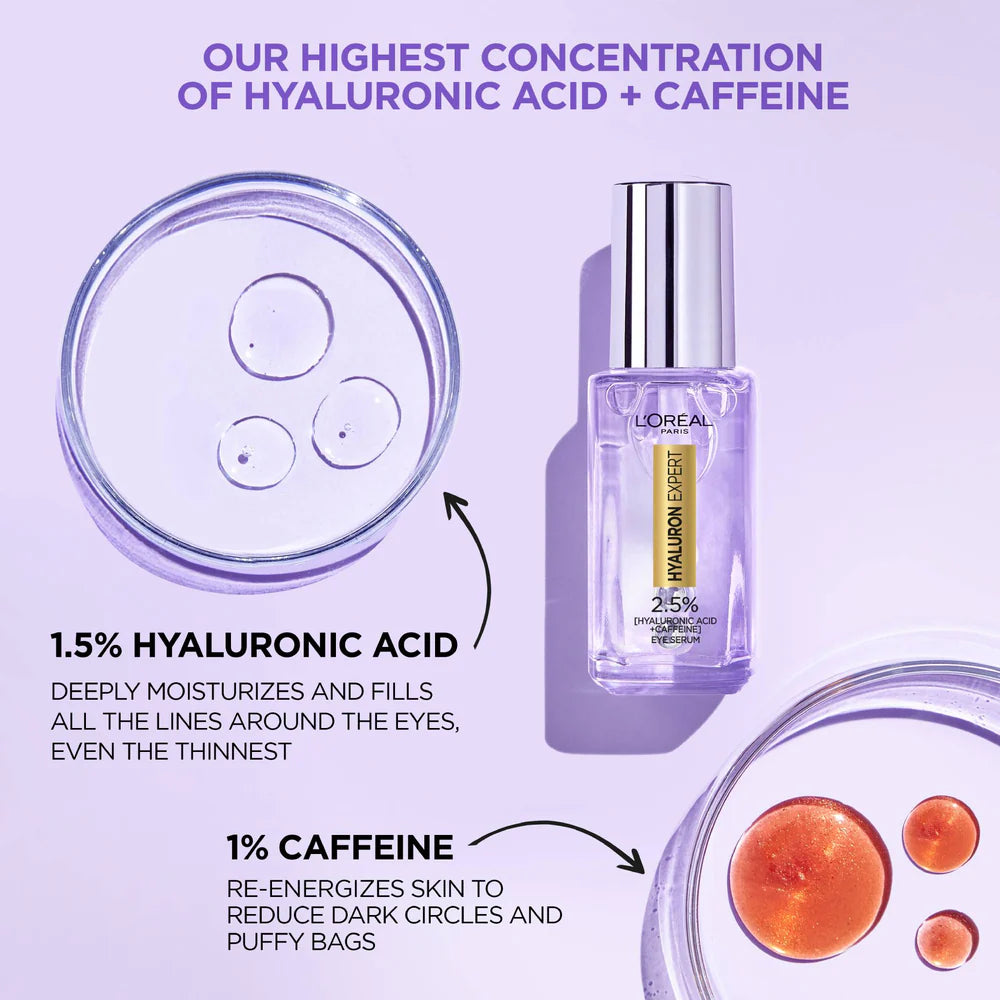 L’Oréal Paris, Hyaluron Expert Eye Serum, Targeted Eye Contour Treatment for Hydration and Plump, with Hyaluronic Acid and Caffeine, 20ml