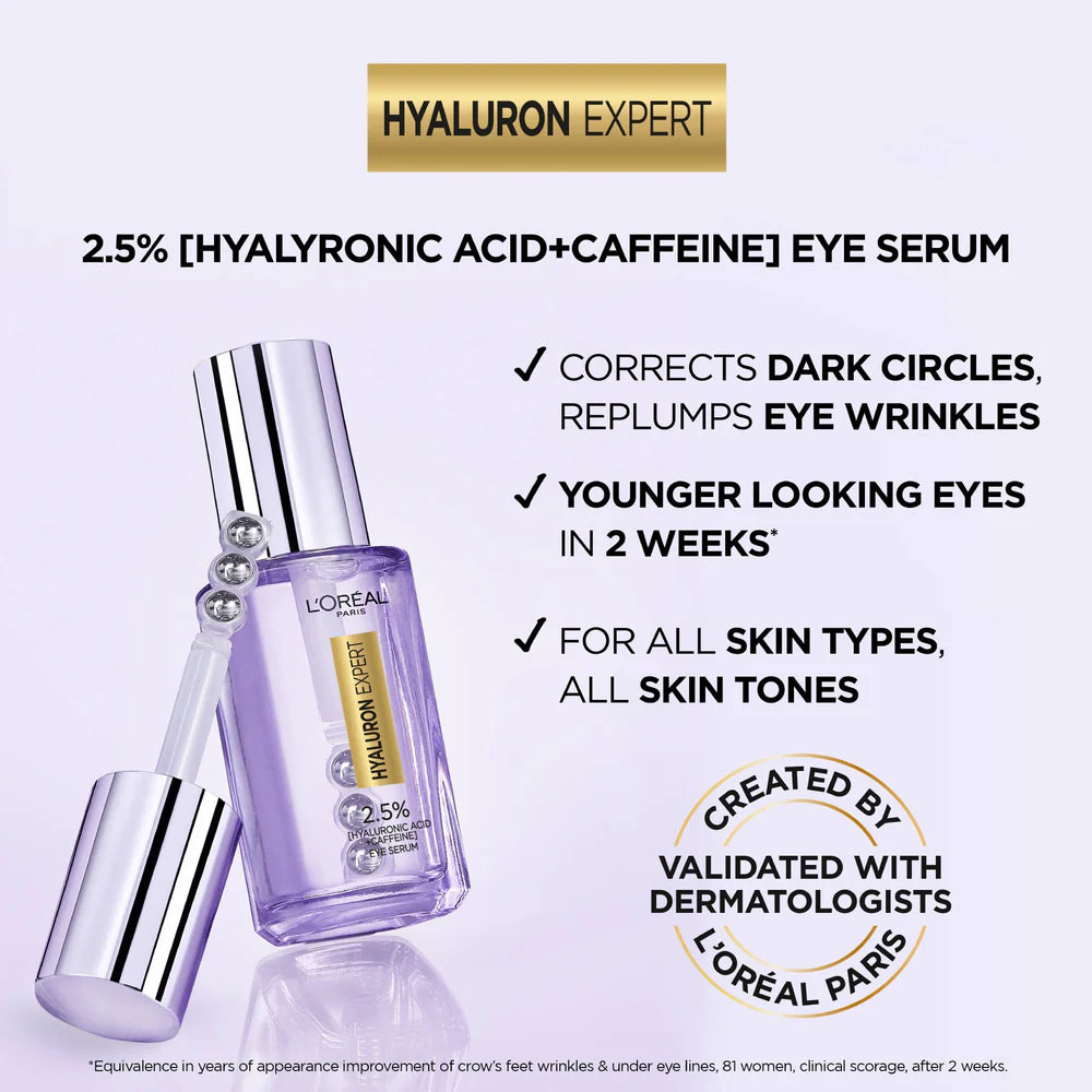 L’Oréal Paris, Hyaluron Expert Eye Serum, Targeted Eye Contour Treatment for Hydration and Plump, with Hyaluronic Acid and Caffeine, 20ml