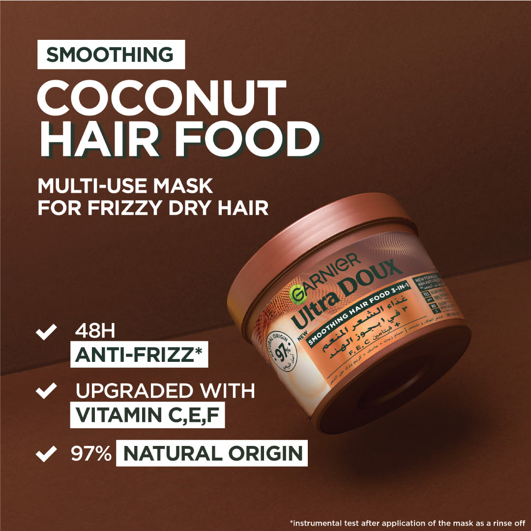 Garnier Ultra Doux Coconut Hair Food 3in1 Mask for frizzy hair, Boosted with Vitamins C, E & F - Belle à Merveille