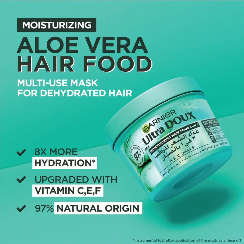 Garnier Ultra Doux Aloe Vera Vegan Hair Food 3in1 Mask for dehydrated hair, Boosted with Vitamins C, E & F - Belle à Merveille