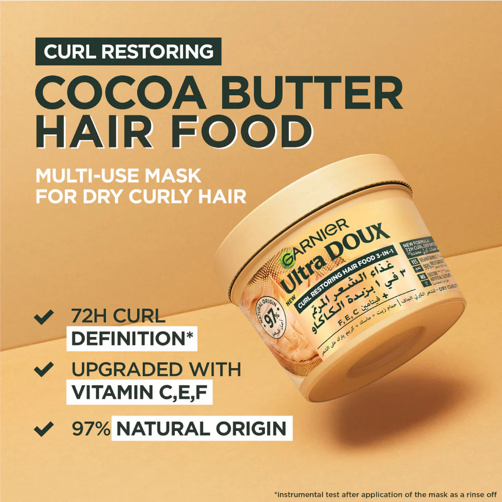 Garnier Ultra Doux Cocoa Butter Vegan Hair Food 3in1 Mask for curly hair, Boosted with Vitamins C, E & F - Belle à Merveille