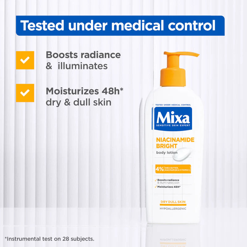 Mixa Niacinamide Bright Body Lotion - For Dry & Dull Skin in Need of Unifying - With 4% Shea Butter, Niacinamide & Vitamin C - 250 ml