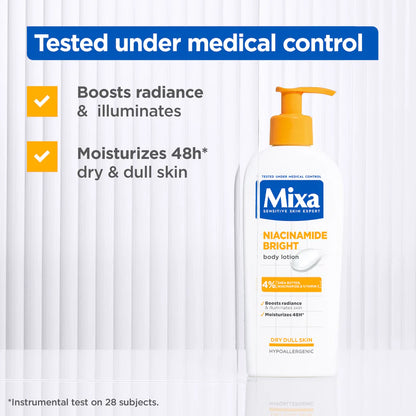 Mixa Niacinamide Bright Body Lotion - For Dry & Dull Skin in Need of Unifying - With 4% Shea Butter, Niacinamide & Vitamin C - 250 ml
