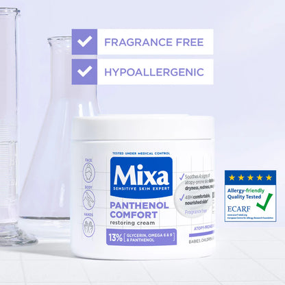 Mixa Panthenol Comfort Cream Jar - Anti-Scratching Cream - For Dry Skin, Atopy Prone Skin and Eczema - With 13% Glycerin, Omega 6 & 9, and Panthenol - For Face, Hands & Body - 400 ml