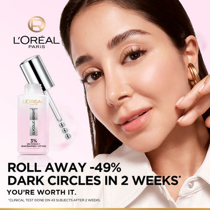 L'Oréal Paris, Glycolic Bright Eye Serum, with 3% (Glycolic Acid + Vitamin CG + Niacinamide], for Dark Circles and Under Eyes Brightening, 20ml
