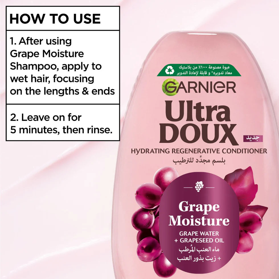 Garnier Ultra Doux Grape Moisture - Hydrating Regenerative Conditioner for Dehydrated Hair. Hydrating Grape Water + Antioxidant Grapeseed Oil - - Paraben-Free, Vegan, Cruelty-Free - 200ml