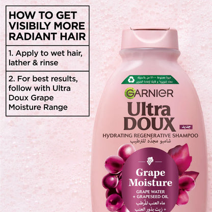 Garnier Ultra Doux Grape Moisture - Hydrating Regenerative Shampoo for Dehydrated Hair. Hydrating Grape Water + Antioxidant Grapeseed Oil - Paraben-Free, Vegan, Cruelty-Free - 400ml