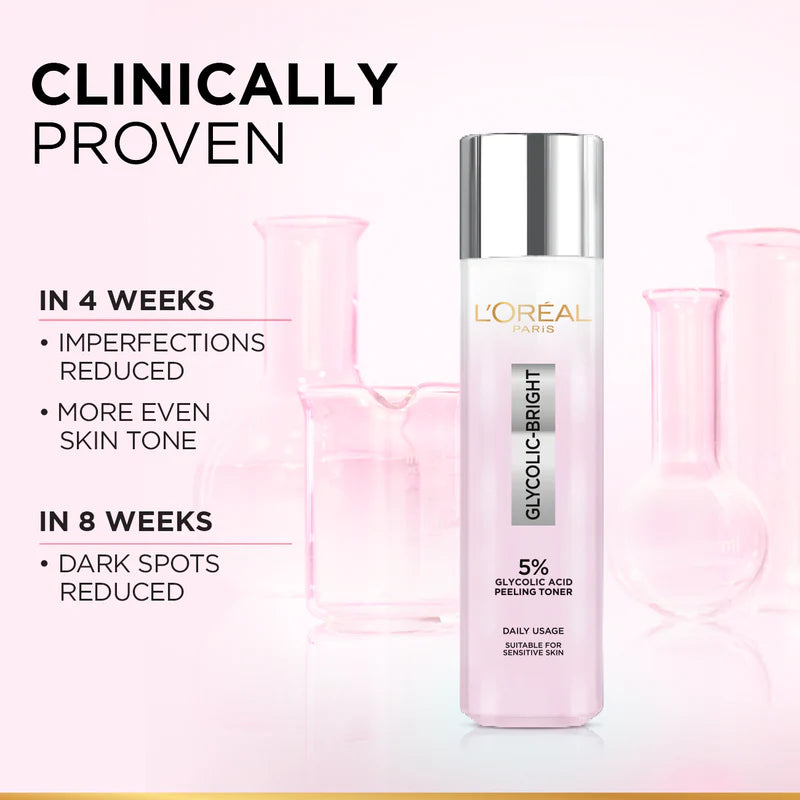 L’Oréal Paris, Glycolic-Bright Glowing Peeling Toner, with 5% Glycolic Acid, for Brightening, Dark Spots Reduction and Skin Tone Evening, 128ml