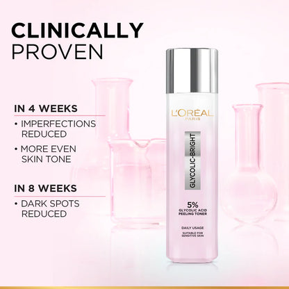 L’Oréal Paris, Glycolic-Bright Glowing Peeling Toner, with 5% Glycolic Acid, for Brightening, Dark Spots Reduction and Skin Tone Evening, 128ml
