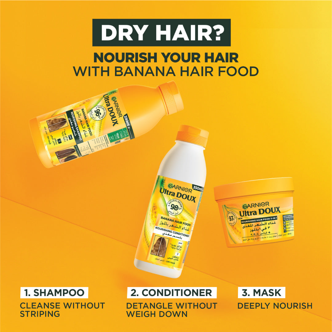 Garnier Ultra Doux Banana Vegan Hair Food 3in1 Mask for dry hair, Boosted with Vitamins C, E & F - Belle à Merveille