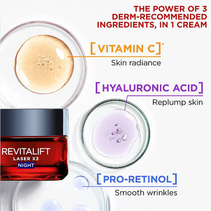 L'Oréal Paris, Revitalift Laser x3 Anti-Aging Moisturizing Night Cream, against Wrinkles and Signs of Aging, with Pro-Retinol, 50ml