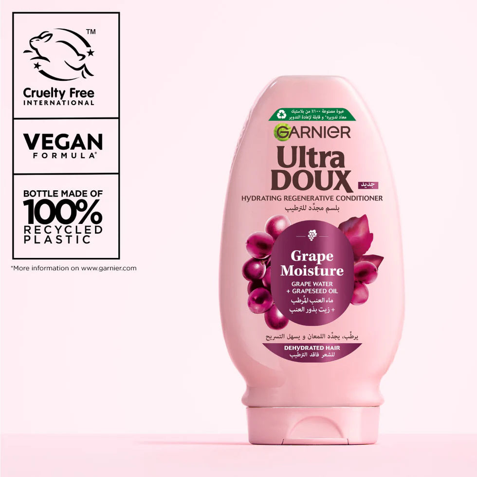 Garnier Ultra Doux Grape Moisture - Hydrating Regenerative Conditioner for Dehydrated Hair. Hydrating Grape Water + Antioxidant Grapeseed Oil - - Paraben-Free, Vegan, Cruelty-Free - 200ml