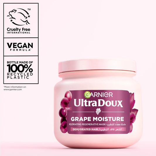 Garnier Ultra Doux Grape Moisture - Deep Regenerative Mask for Dehydrated Hair. Hydrating Grape Water + Antioxidant Grapeseed Oil -- Paraben-Free, Vegan, Cruelty-Free - 340 ml