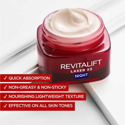 L'Oréal Paris, Revitalift Laser x3 Anti-Aging Moisturizing Night Cream, against Wrinkles and Signs of Aging, with Pro-Retinol, 50ml