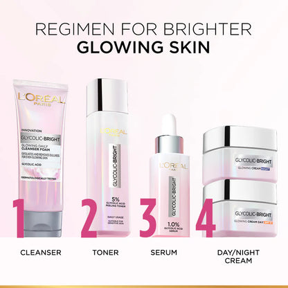 L’Oréal Paris, Glycolic-Bright Glowing Peeling Toner, with 5% Glycolic Acid, for Brightening, Dark Spots Reduction and Skin Tone Evening, 128ml