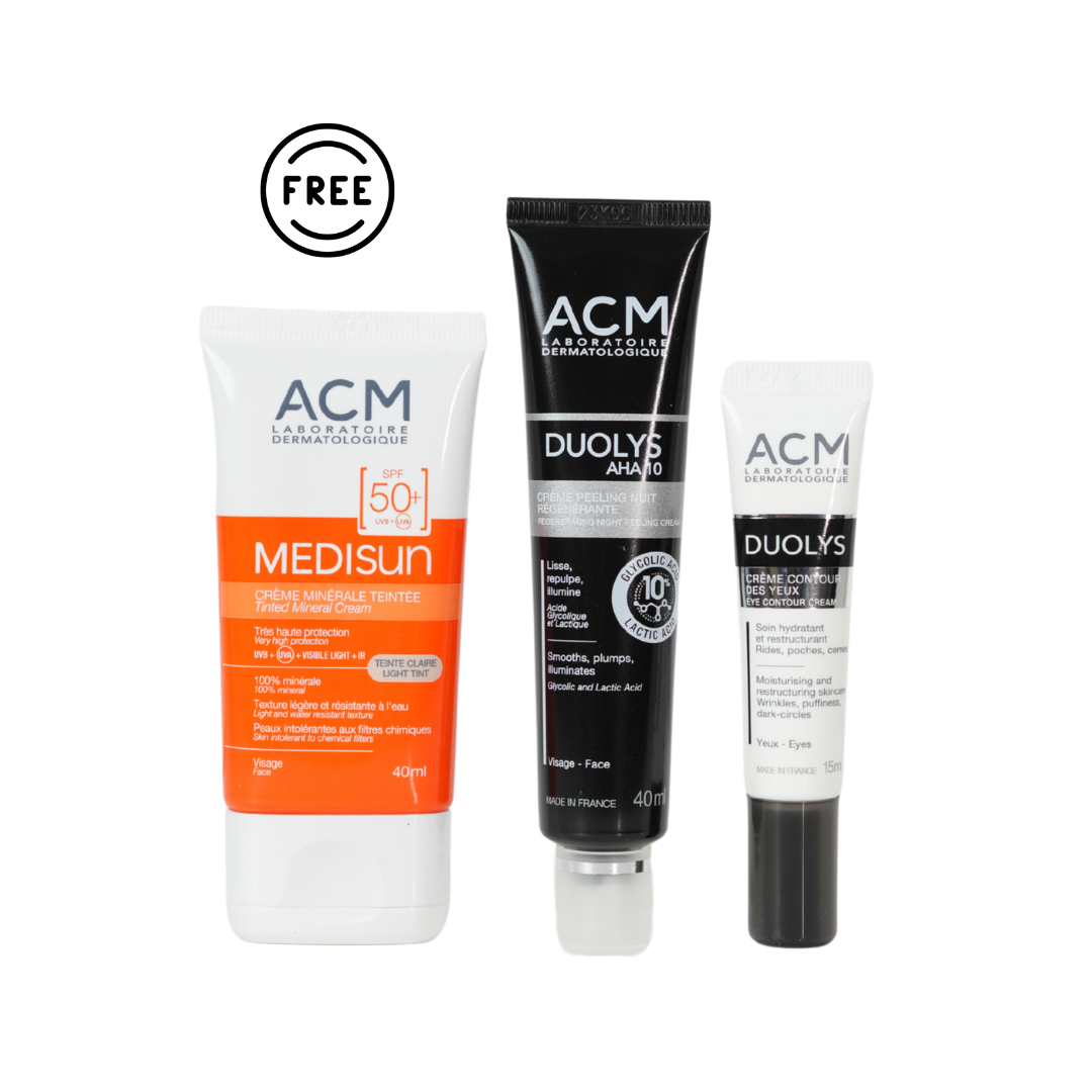 Duolys AHA 10 Regenerating Night Peeling Cream + Duolys Eye Contour + Free ACM Medisun Tinted Mineral SunscreenSPF 50