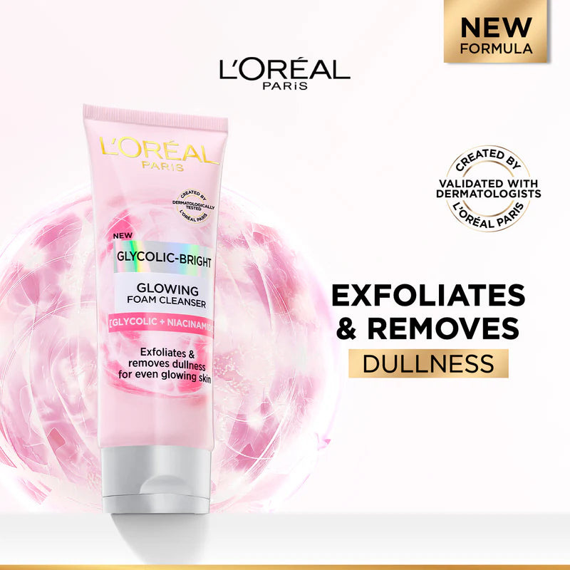 L’Oréal Paris, Glycolic-Bright Daily Glowing Foam Cleanser, with Glycolic Acid and Niacinamide, to Exfoliate and Remove Dullness for Even Glowing Skin, 100ml