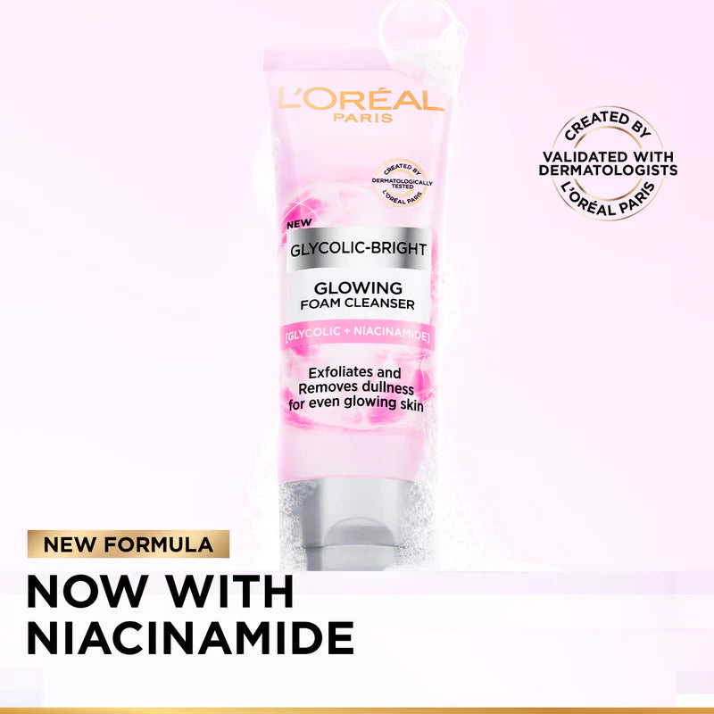 L’Oréal Paris, Glycolic-Bright Daily Glowing Foam Cleanser, with Glycolic Acid and Niacinamide, to Exfoliate and Remove Dullness for Even Glowing Skin, 100ml