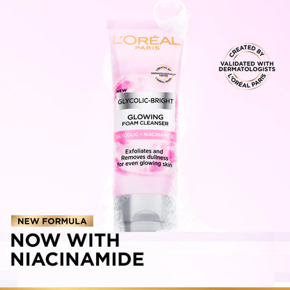 L’Oréal Paris, Glycolic-Bright Daily Glowing Foam Cleanser, with Glycolic Acid and Niacinamide, to Exfoliate and Remove Dullness for Even Glowing Skin, 100ml