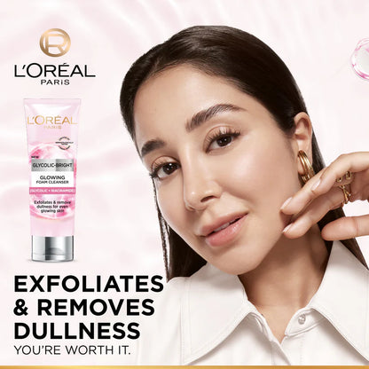 L’Oréal Paris, Glycolic-Bright Daily Glowing Foam Cleanser, with Glycolic Acid and Niacinamide, to Exfoliate and Remove Dullness for Even Glowing Skin, 100ml