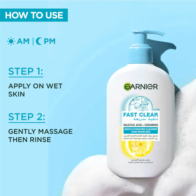 Garnier Fast Clear Gentle Cleanser Hydrating Face Wash for Acne Prone Skin 250ml