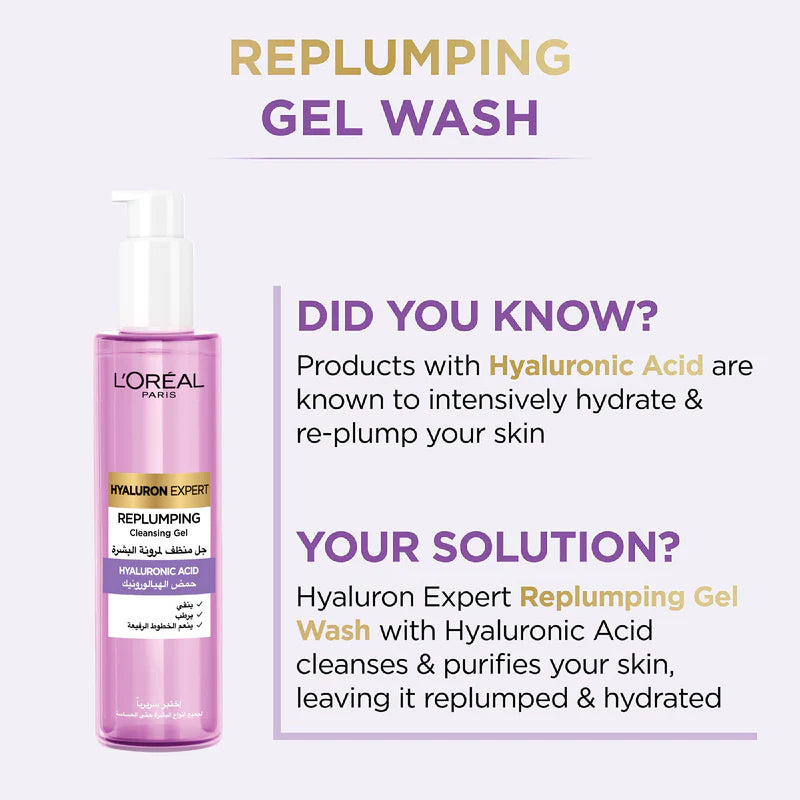 L’Oréal Paris, Hyaluron Expert Replumping Cleansing Gel, with Hyaluronic Acid, to Replump, Purify and Hydrate, for All Skin Types Including Sensitive, 150ml