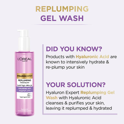 L’Oréal Paris, Hyaluron Expert Replumping Cleansing Gel, with Hyaluronic Acid, to Replump, Purify and Hydrate, for All Skin Types Including Sensitive, 150ml