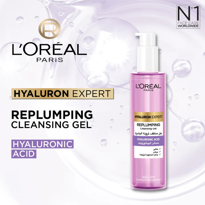 L’Oréal Paris, Hyaluron Expert Replumping Cleansing Gel, with Hyaluronic Acid, to Replump, Purify and Hydrate, for All Skin Types Including Sensitive, 150ml