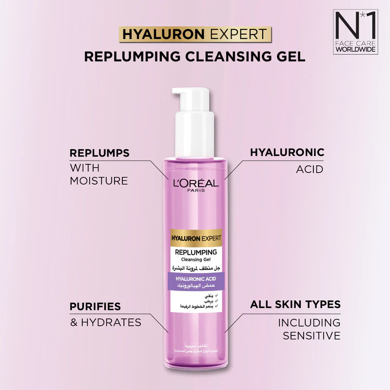 L’Oréal Paris, Hyaluron Expert Replumping Cleansing Gel, with Hyaluronic Acid, to Replump, Purify and Hydrate, for All Skin Types Including Sensitive, 150ml
