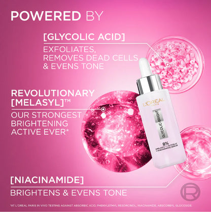 L’Oréal Paris, Glycolic Bright Face Serum, With 8% [Melasyl ™ + Glycolic Acid + Niacinamide], for Dark Spots and Brightening 30ml