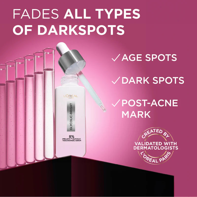 L’Oréal Paris, Glycolic Bright Face Serum, With 8% [Melasyl ™ + Glycolic Acid + Niacinamide], for Dark Spots and Brightening 30ml