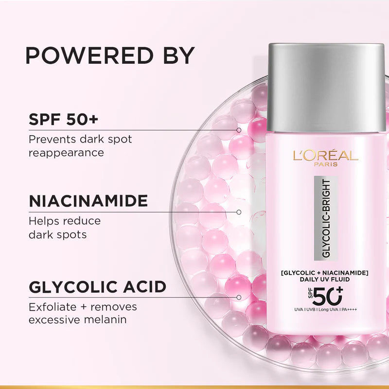 L’Oréal Paris, Glycolic Bright Anti-Dark Spot Daily UV Fluid, SPF 50+ with [Glycolic Acid + Niacinamide], 50ml