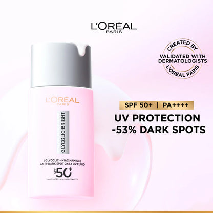 L’Oréal Paris, Glycolic Bright Anti-Dark Spot Daily UV Fluid, SPF 50+ with [Glycolic Acid + Niacinamide], 50ml